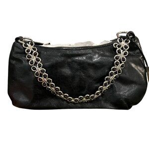Elliott Lucca Black Leather Handbag With Silver Chain Strap & Zipper Closure